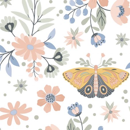 Papier peint intissé floral orange et bleu PAPILLONS ET FLEURS - La Belle Histoire par Ugepa - m58105