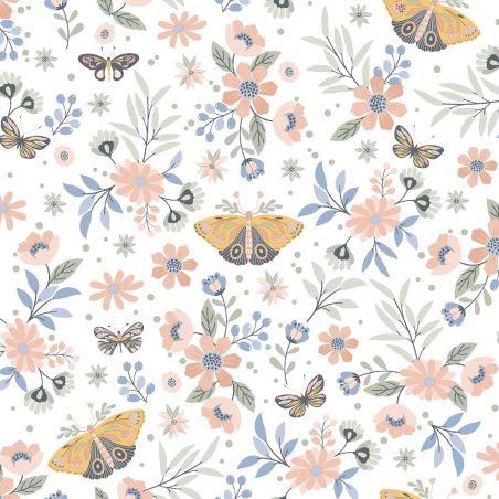 Papier peint intissé floral orange et bleu PAPILLONS ET FLEURS - La Belle Histoire par Ugepa - m58105