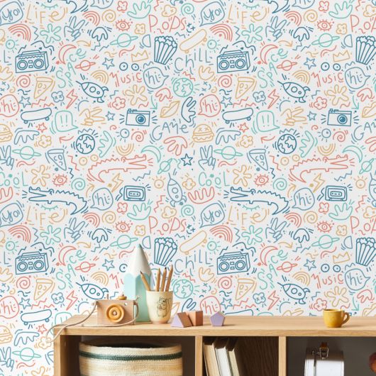 Papier peint intissé géométrique bleu et orange DOODLE - La Belle Histoire par Ugepa - m45710