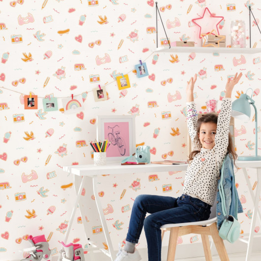 Papier peint intissé enfant rose et bleu pailleté PIN'S ME - Girl Power par Caselio - 100832121