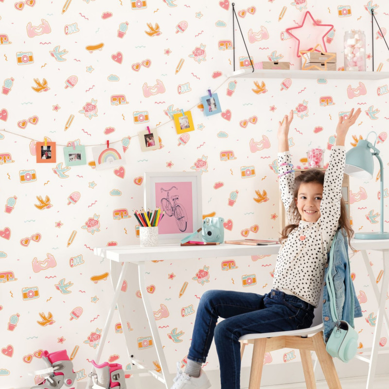 Papier peint intissé enfant rose et bleu pailleté PIN'S ME - Girl Power par Caselio - 100832121