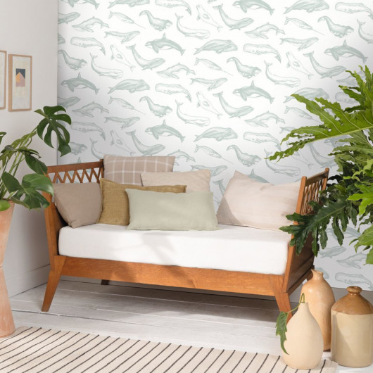 Papier peint vinyle sur intissé animaux aquatiques vert d'eau WHALE DONE - Sea you soon par Caselio - 102797010