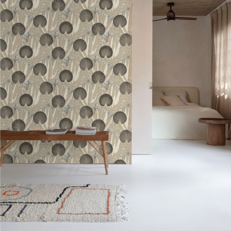 Papier peint vinyle sur intissé végétal beige et noir PALMES -  par Grandeco - 205304
