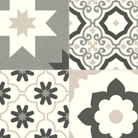 Sol Vinyle/PVC - 3m - carreaux de ciment noir, gris et beige et blanc CARTAGENA 535 Essential Texas par IVC Sol Vinyle/PVC - 3m - carreaux de ciment noir, gris et beige et blanc CARTAGENA 535 Essential Texas par IVC