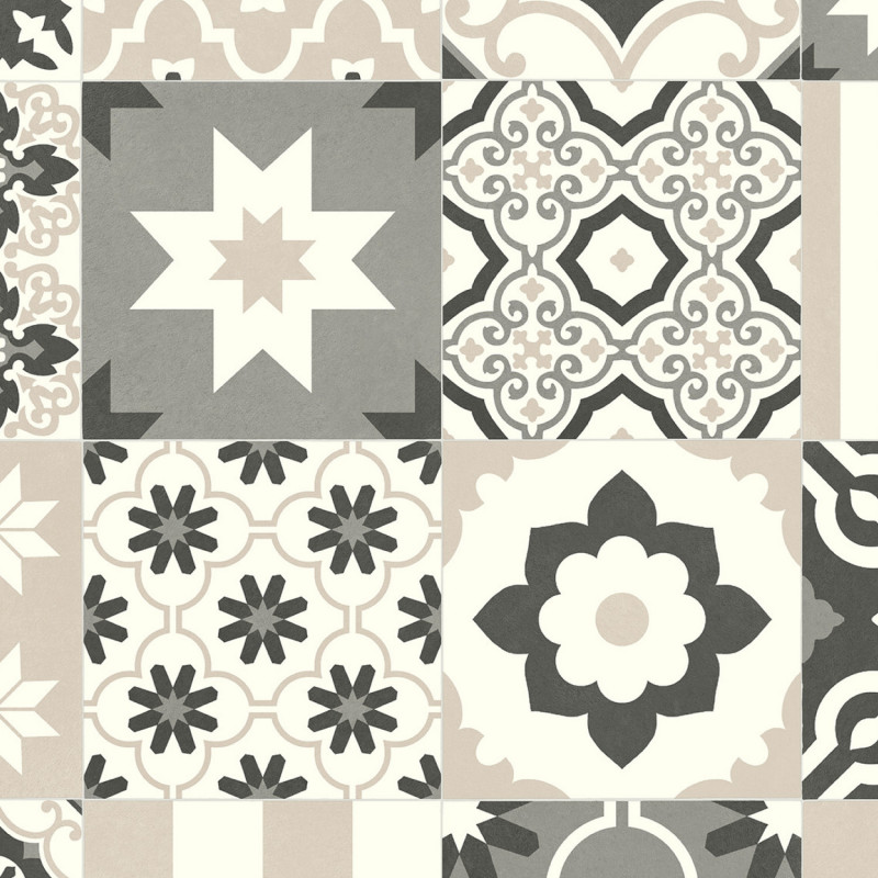 Sol Vinyle/PVC - 3m - carreaux de ciment noir, gris et beige  et blanc CARTAGENA 535 Essential  Texas par IVC