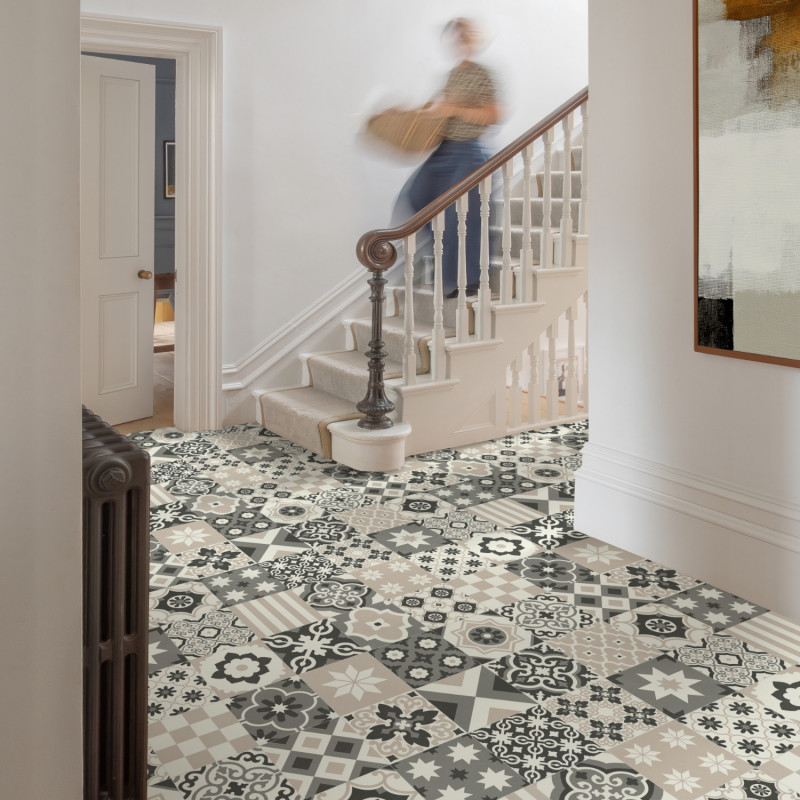 Sol Vinyle/PVC - 3m - carreaux de ciment noir, gris et beige  et blanc CARTAGENA 535 Essential  Texas par IVC