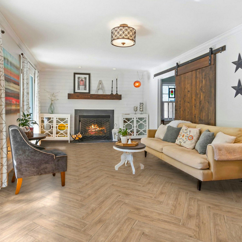 Sol Vinyle/PVC - 4m - parquet chevron chêne naturel ALASKA 536 - Textile Texas-New par IVC