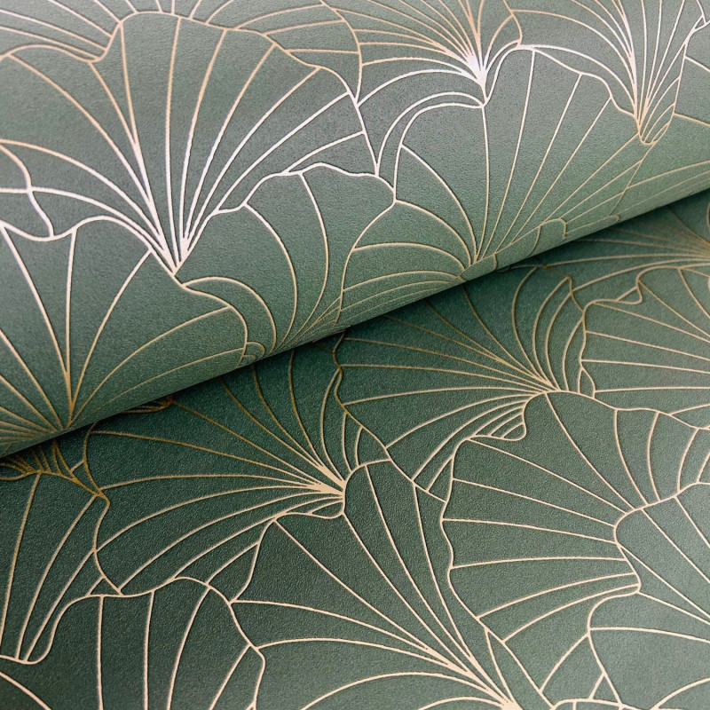 Papier peint expansé sur intissé art déco vert kaki et or PETALES - Les Essentiels par Lutèce - 51211604