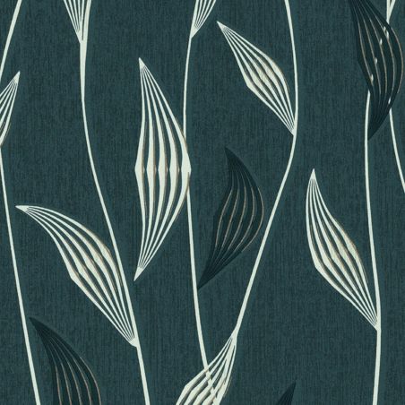 Papier peint vinyle sur intissé art déco bleu canard et or FEUILLE - Les Essentiels par Lutèce - 11211214