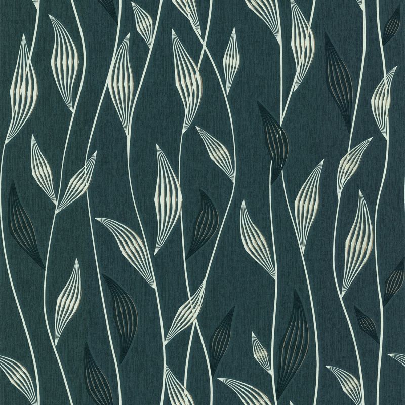 Papier peint vinyle sur intissé art déco bleu canard et or FEUILLE - Les Essentiels par Lutèce - 11211214