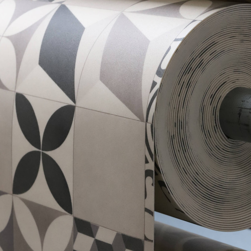 Sol Vinyle/PVC - 4m - carreaux de ciment gris et noir et fond greige FELIZ 592 Prestige Texmark par IVC