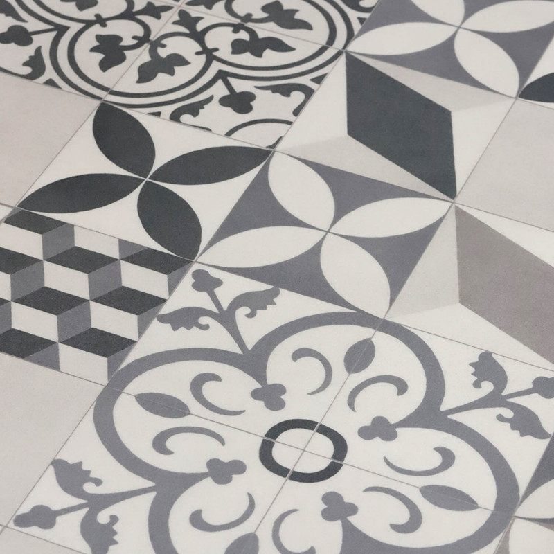 Sol Vinyle/PVC - 4m - carreaux de ciment gris et noir et fond greige FELIZ 592 Prestige Texmark par IVC