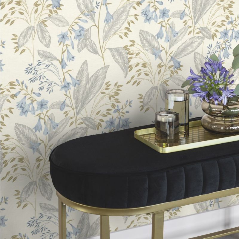 Papier peint intissé floral bleu et gris BLUE FLOWER - Sélection par Rasch - 794441