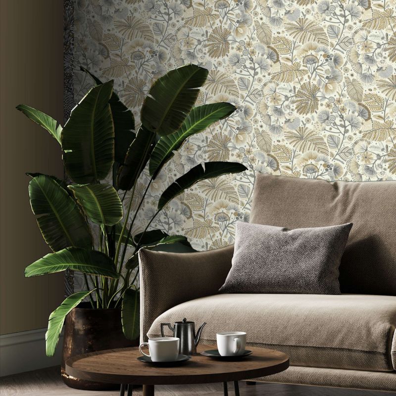 Papier peint intissé végétal gris et marron MELI-MELO - Sélection par Rasch - 693201