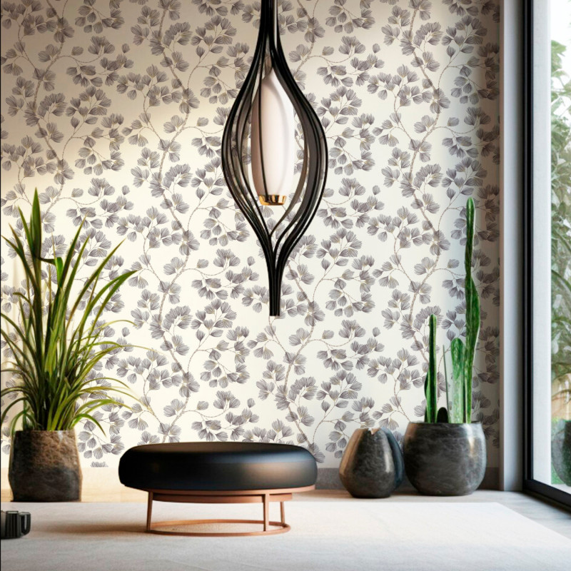 Papier peint intissé végétal gris et or FLEUILLES DE PIN - Symphony par Rasch - 866933