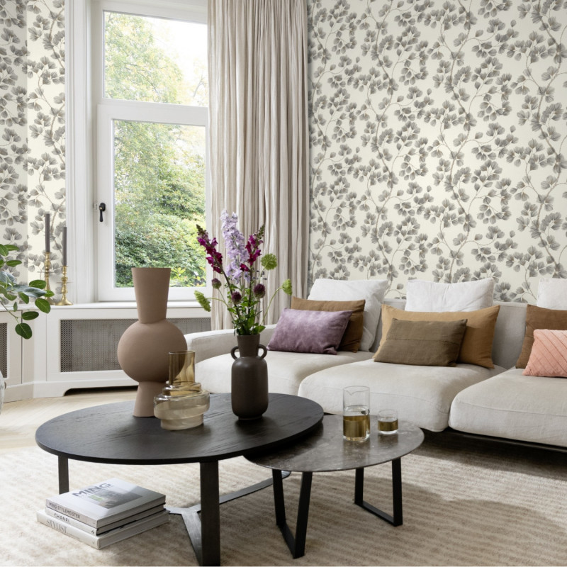 Papier peint intissé végétal gris et or FLEUILLES DE PIN - Symphony par Rasch - 866933