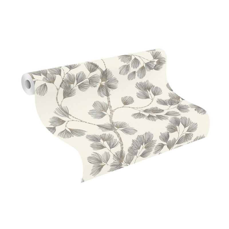 Papier peint intissé végétal gris et or FLEUILLES DE PIN - Symphony par Rasch - 866933