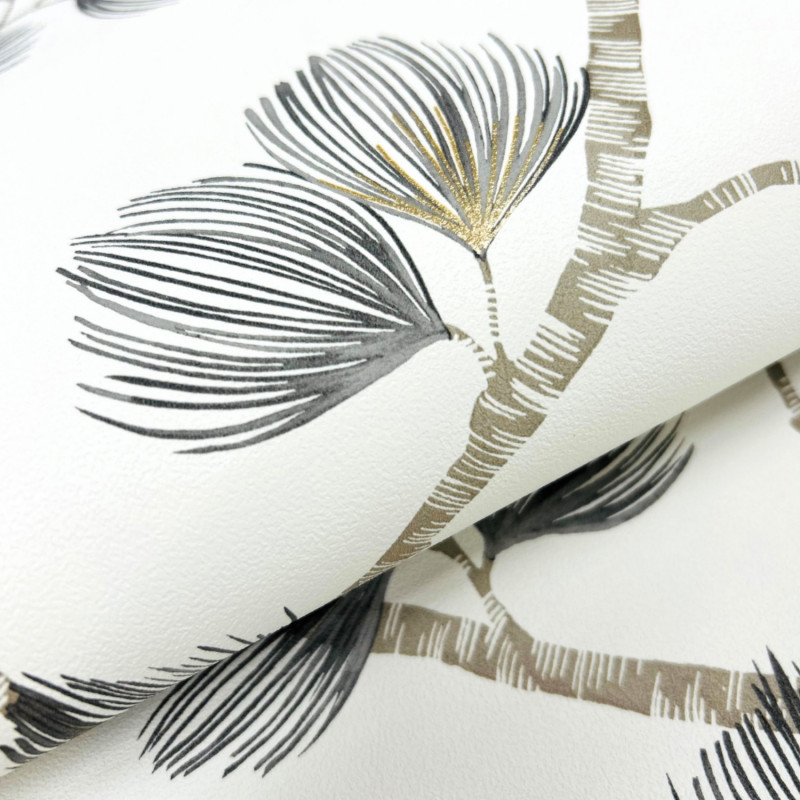 Papier peint intissé végétal gris et or FLEUILLES DE PIN - Symphony par Rasch - 866933