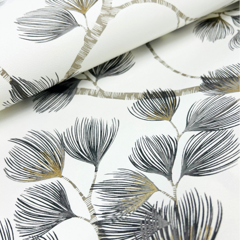 Papier peint intissé végétal gris et or FLEUILLES DE PIN - Symphony par Rasch - 866933