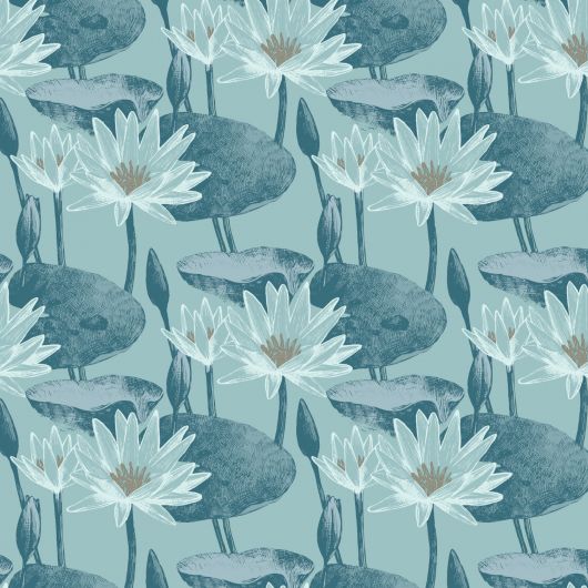 Papier peint vinyle sur intissé floral bleu pétrole et or LOTUS - Imprim'luxe par Ugepa - L90201