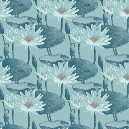 Papier peint vinyle sur intissé floral bleu pétrole et or LOTUS - Imprim'luxe par Ugepa - L90201