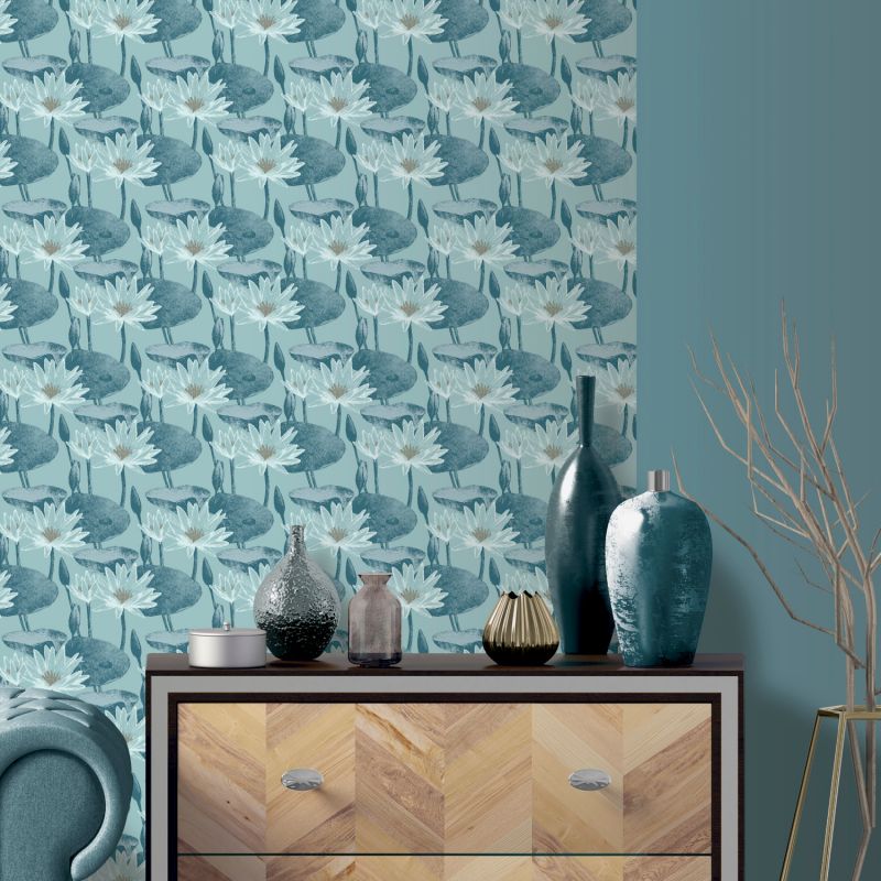 Papier peint vinyle sur intissé floral bleu pétrole et or LOTUS - Imprim'luxe par Ugepa - L90201