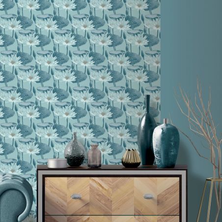 Papier peint vinyle sur intissé floral bleu pétrole et or LOTUS - Imprim'luxe par Ugepa - L90201