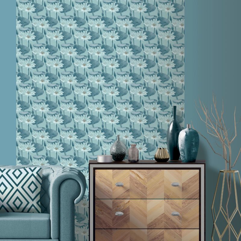 Papier peint vinyle sur intissé floral bleu pétrole et or LOTUS - Imprim'luxe par Ugepa - L90201