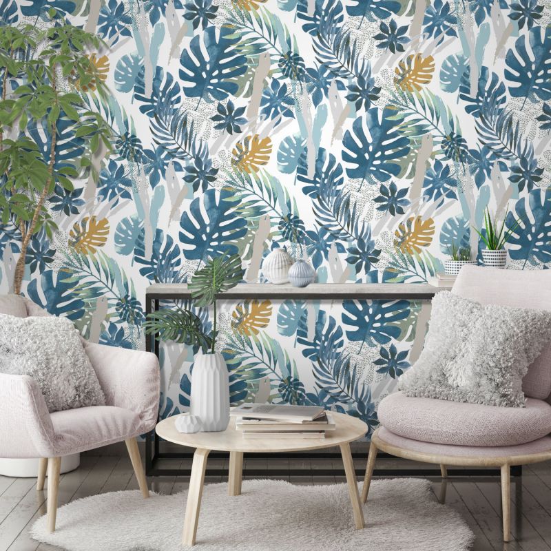 Papier peint vinyle sur intissé végétal bleu et vert JUNGLE - Imprim'luxe par Ugepa - L67501