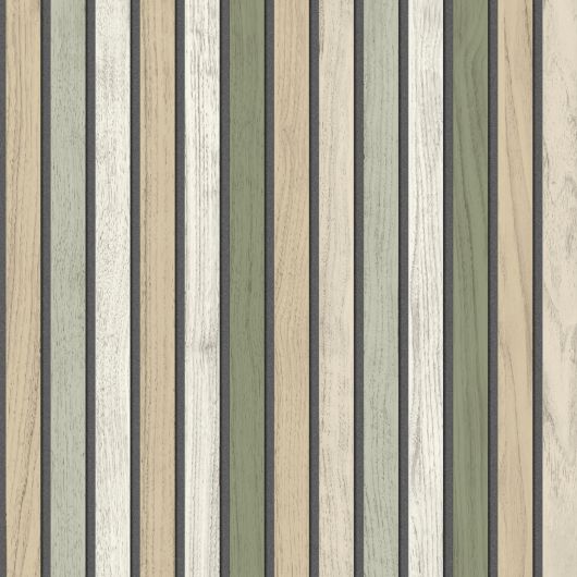 Papier peint vinyle sur intissé trompe l'œil vert kaki et beige LATTES BOIS - Illusion par Ugepa - B31204