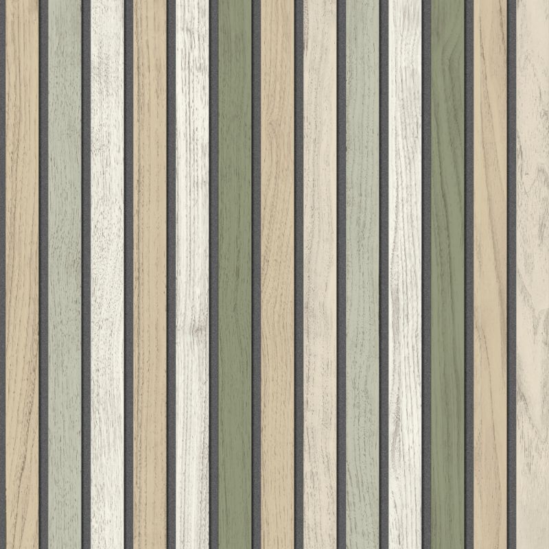 Papier peint vinyle sur intissé trompe l'œil vert kaki et beige LATTES BOIS - Illusion par Ugepa - B31204