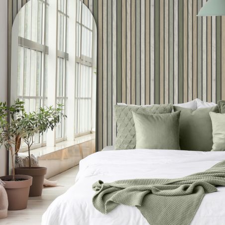 Papier peint vinyle sur intissé trompe l'œil vert kaki et beige LATTES BOIS - Illusion par Ugepa - B31204