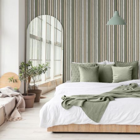 Papier peint vinyle sur intissé trompe l'œil vert kaki et beige LATTES BOIS - Illusion par Ugepa - B31204