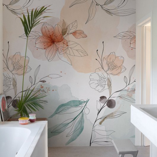 Panoramique vinyle sur intissé floral corail et bleu AQUARELLE DE FLEURS - Orom 2 par Grandeco - A72701