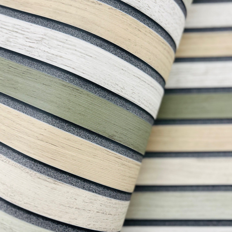 Papier peint vinyle sur intissé trompe l'œil vert kaki et beige LATTES BOIS - Illusion par Ugepa - B31204