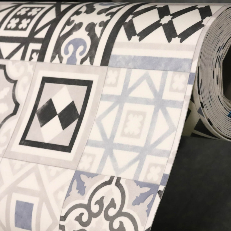 Sol Vinyle/PVC - 2m - carreaux de ciment gris et bleu VEDRA 598 - Essential Bingo par IVC