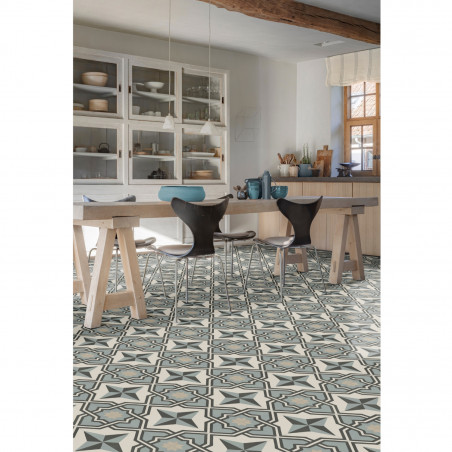 Sol Vinyle/PVC - 4m - carreaux de ciment bleu gris, beige et blanc LUCIA 574 Essential Bingo Stone par IVC