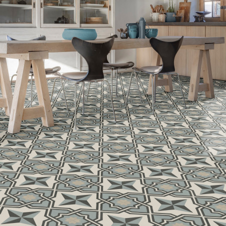 Sol Vinyle/PVC - 4m - carreaux de ciment bleu gris, beige et blanc LUCIA 574 Essential Bingo Stone par IVC