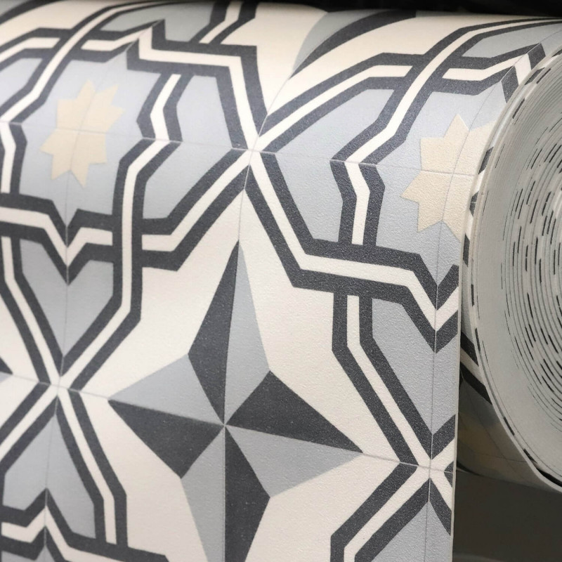 Sol Vinyle/PVC - 4m - carreaux de ciment bleu gris, beige et blanc LUCIA 574 Essential Bingo Stone par IVC