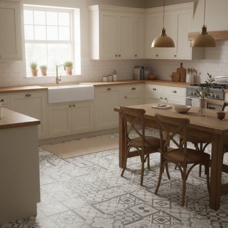 Sol Vinyle/PVC - 4m - carreaux de ciment gris et blanc ES VEDRA 594 Essential Luna par IVC