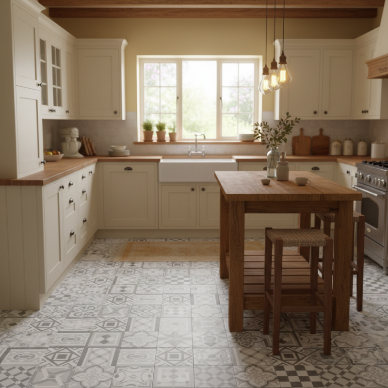 Sol Vinyle/PVC - 4m - carreaux de ciment gris et blanc ES VEDRA 594 Essential Luna par IVC