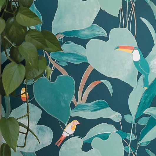 Papier peint intissé végétal bleu turquoise et orange AMAZONIA - Odyssée par Caselio - 101426803