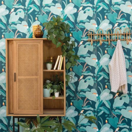 Papier peint intissé végétal bleu turquoise et orange AMAZONIA - Odyssée par Caselio - 101426803