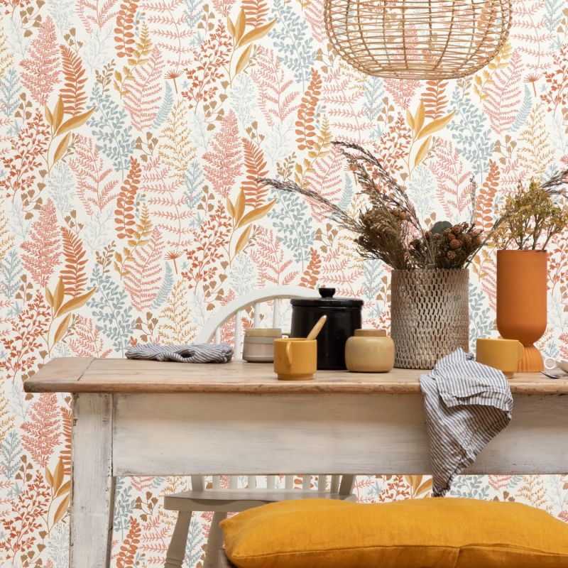 Papier peint intissé végétal ocre, terracotta et bleu WOODLAND - La Forêt par Caselio - 102924366