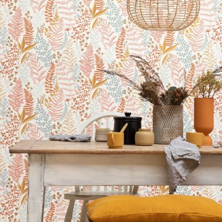 Papier peint intissé végétal ocre, terracotta et bleu WOODLAND - La Forêt par Caselio - 102924366