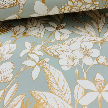 Papier peint vinyle sur intissé floral blanc, or et vert amande MAY - Flower Power par Caselio - 101857024