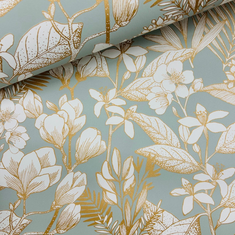 Papier peint vinyle sur intissé floral blanc, or et vert amande MAY - Flower Power par Caselio - 101857024