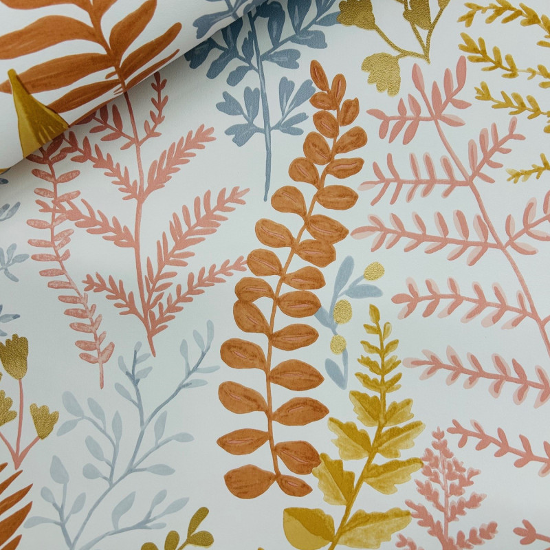 Papier peint intissé végétal ocre, terracotta et bleu WOODLAND - La Forêt par Caselio - 102924366