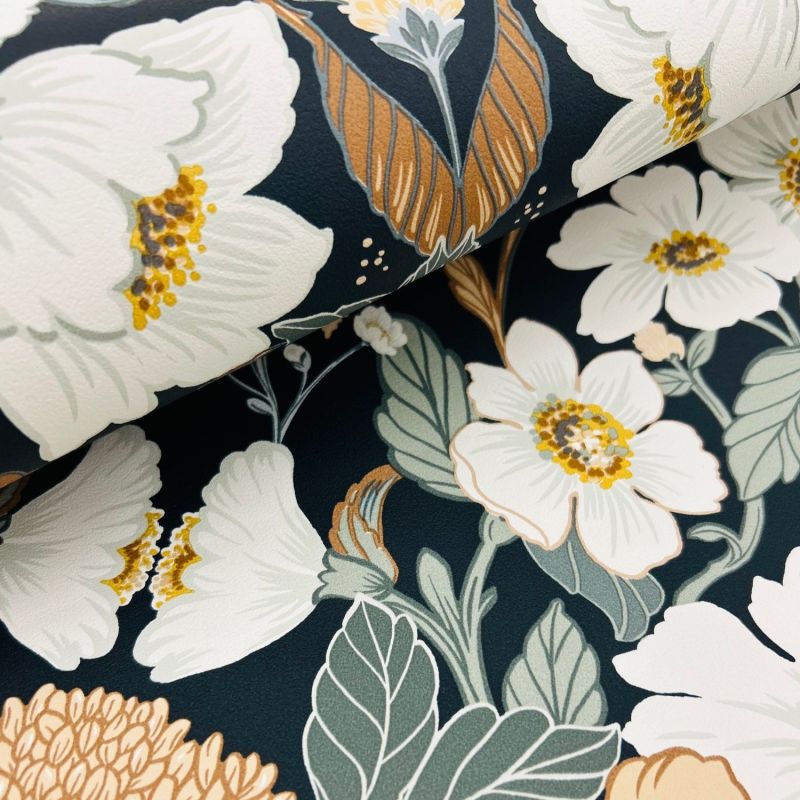 Papier peint intissé floral bleu et vert ROMANTIC FLOWERS - Sélection par Rasch - 581904