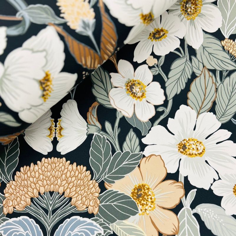 Papier peint intissé floral bleu et vert ROMANTIC FLOWERS - Sélection par Rasch - 581904